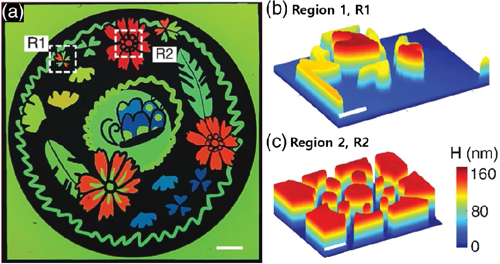 Writing nanometer-scale structures for centimeter-scale color printing